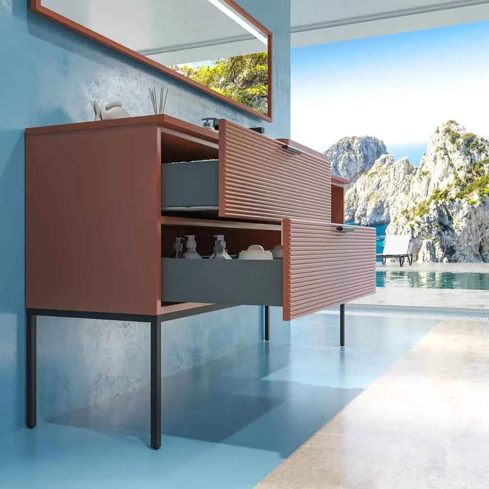 Meuble de salle de bain HOLE sur pieds, 2 tiroirs/1 trou, finition BROWN COPPER, avec plan et lavabo FOGO Solid Surface – Image 3