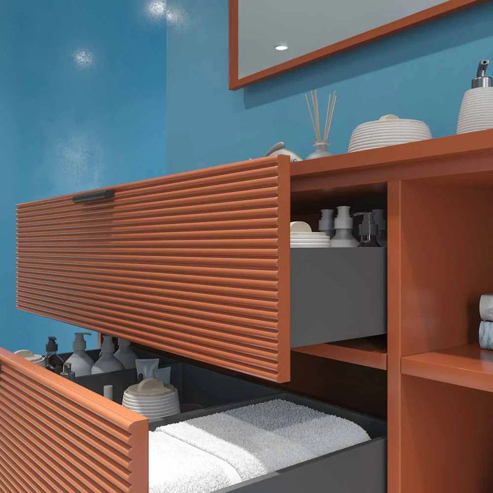 Meuble de salle de bain HOLE sur pieds, 2 tiroirs/1 trou, finition BROWN COPPER, avec plan et lavabo FOGO Solid Surface – Image 2