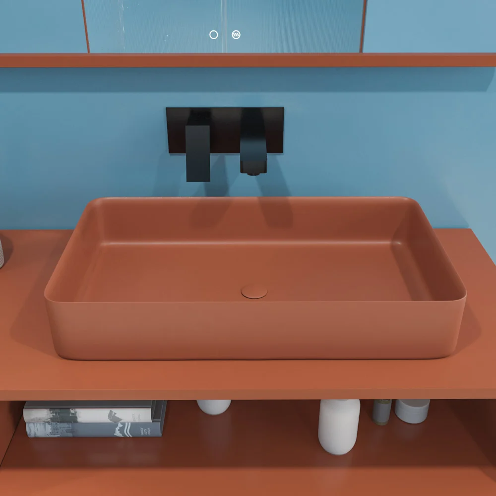 Meuble de salle de bain HOLE sur pieds, 2 tiroirs/1 trou, finition BROWN COPPER, avec plan et lavabo FOGO Solid Surface – Image 9