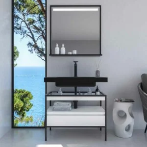 INDEX meuble de salle de bain avec structure sur pieds vasque suspendue 1 tiroir BLANC-NOIR