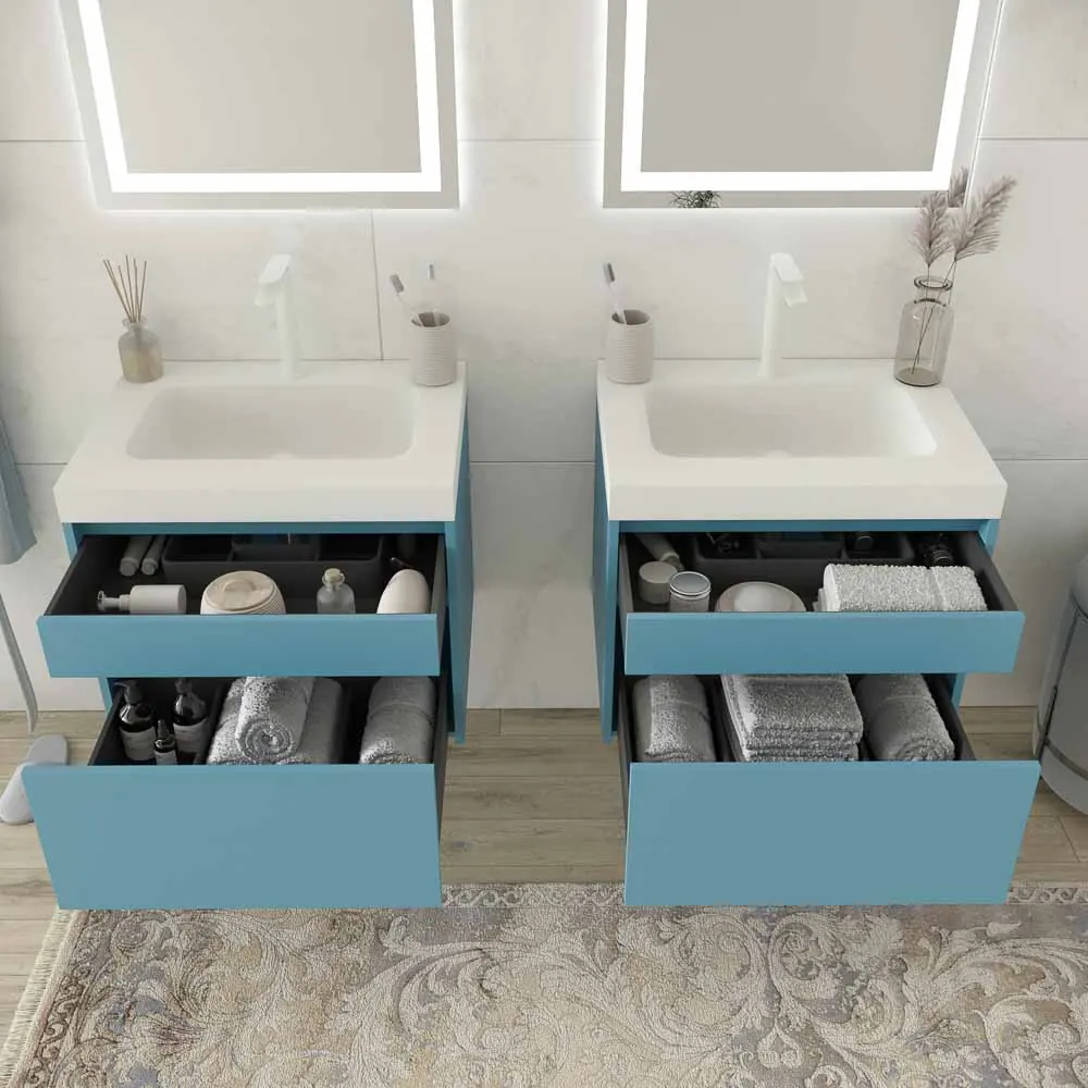 Meuble de salle de bain suspendu 2 tiroirs PETRA avec vasque en résine finition BLANCHE – Image 2