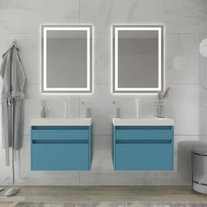 Meuble de salle de bain suspendu 2 tiroirs PETRA avec vasque en résine finition BLANCHE