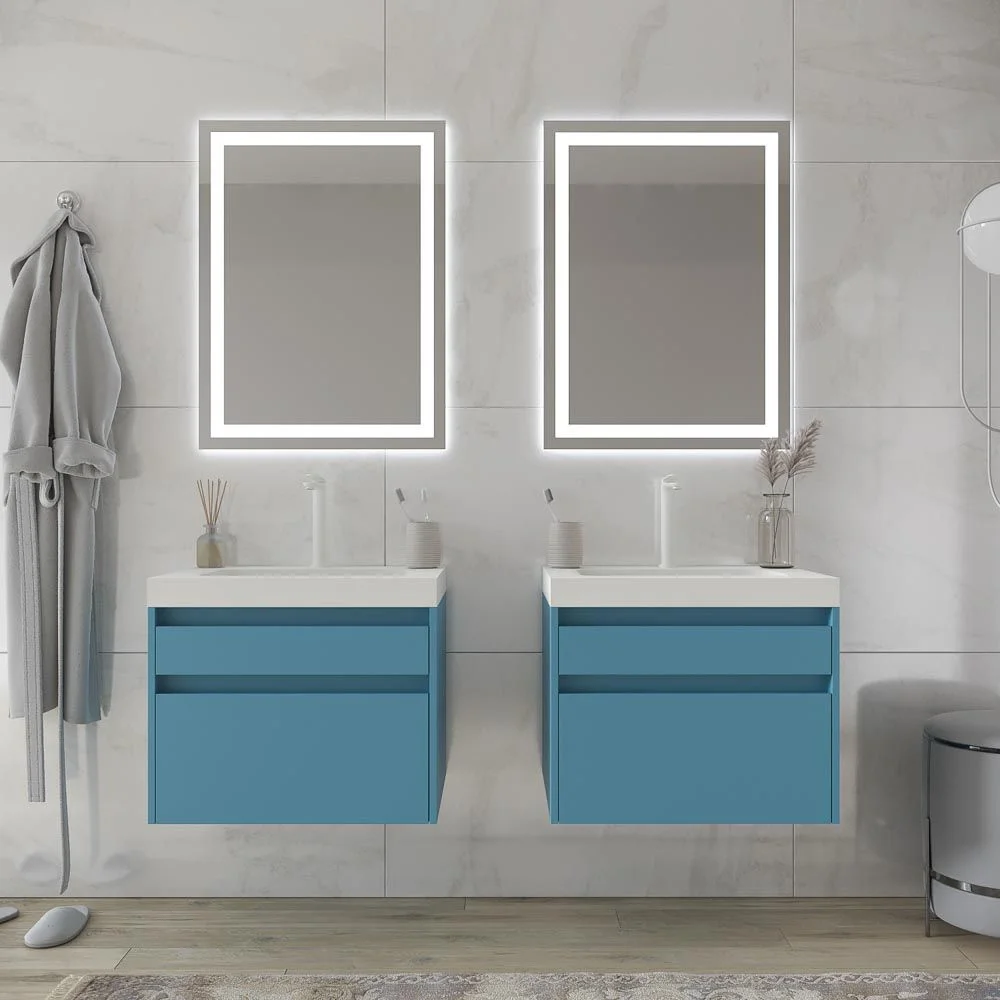 Meuble de salle de bain suspendu 2 tiroirs PETRA avec vasque en résine finition BLANCHE