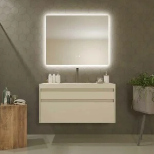Meuble de salle de bain suspendu 2 tiroirs PETRA avec vasque en résine finition CREMA
