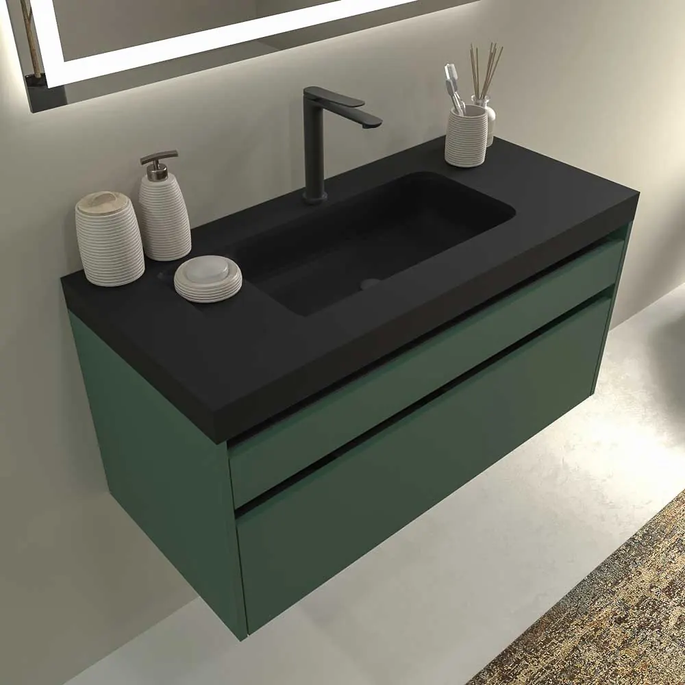 Meuble de salle de bain suspendu 2 tiroirs PETRA avec vasque en résine finition NOIR mat – Image 3
