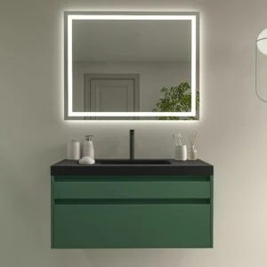 Meuble de salle de bain suspendu 2 tiroirs PETRA avec vasque en résine finition NOIR mat