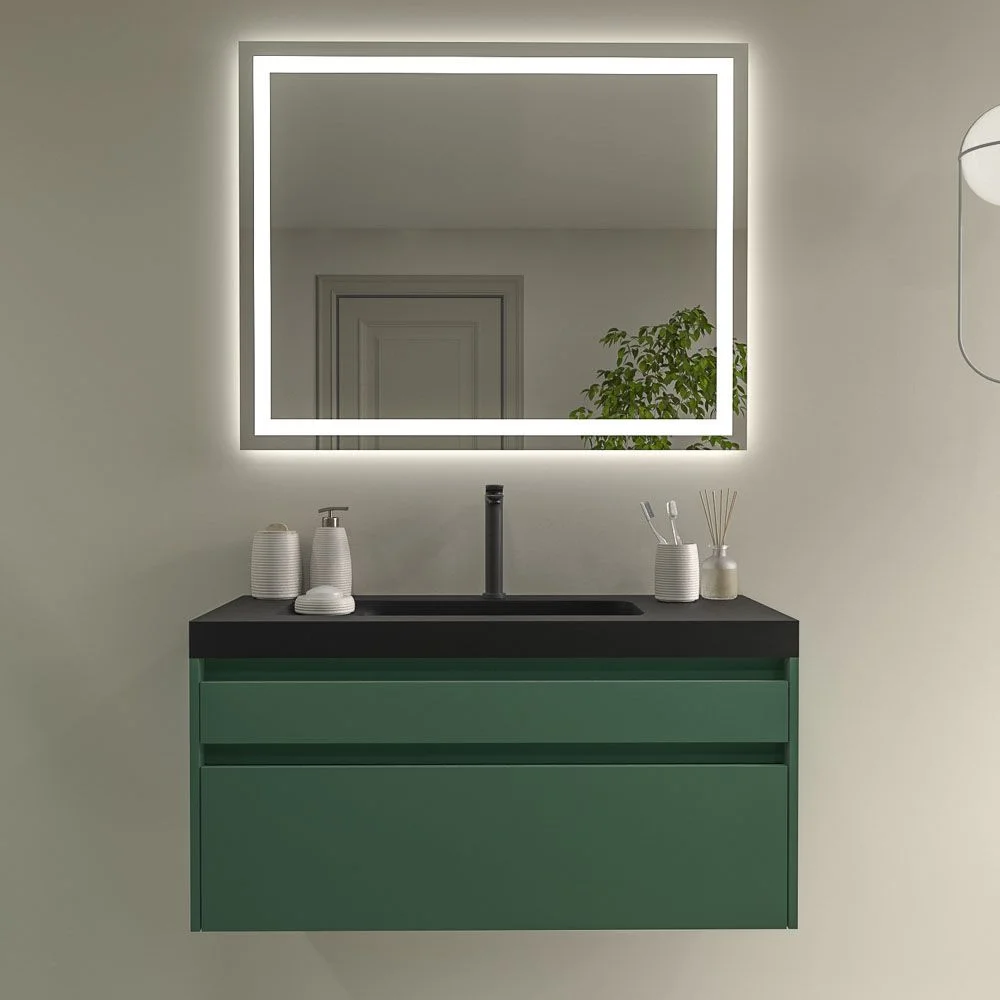 Meuble de salle de bain suspendu 2 tiroirs PETRA avec vasque en résine finition NOIR mat