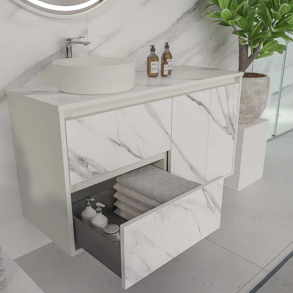 Meuble de salle de bain suspendu 2 tiroirs/ 2 portes UNICO avec vasque OSIRIS en Solid Surface effet marbre CALACATTA – Image 3