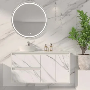 Meuble de salle de bain suspendu 2 tiroirs/ 2 portes UNICO avec vasque OSIRIS en Solid Surface effet marbre CALACATTA