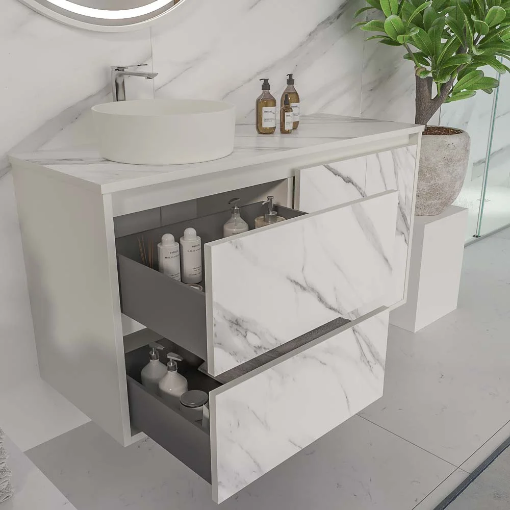 Meuble de salle de bain suspendu 2 tiroirs/ 2 portes UNICO avec vasque OSIRIS en Solid Surface effet marbre CALACATTA – Image 5