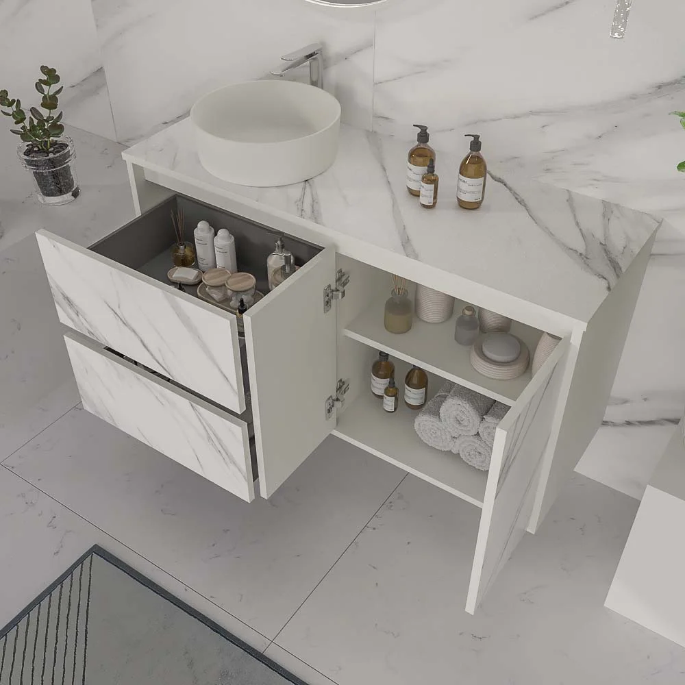 Meuble de salle de bain suspendu 2 tiroirs/ 2 portes UNICO avec vasque OSIRIS en Solid Surface effet marbre CALACATTA – Image 2