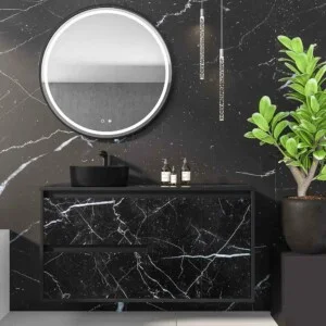 Meuble de salle de bain suspendu 2 tiroirs/ 2 portes UNICO avec vasque OSIRIS en Solid Surface effet marbre MARQUINA BLACK