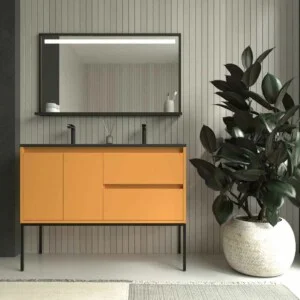 Meuble de salle de bain sur pieds 2 tiroirs - 2 portes SMILE avec vasque en Solid Surface 2 vasques JAUNE AZAFRAN
