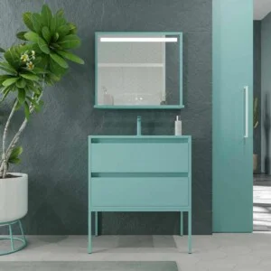 Meuble de salle de bain sur pieds 2 tiroirs SMILE avec lavabo en Solid Surface BLEU TURQUOISE