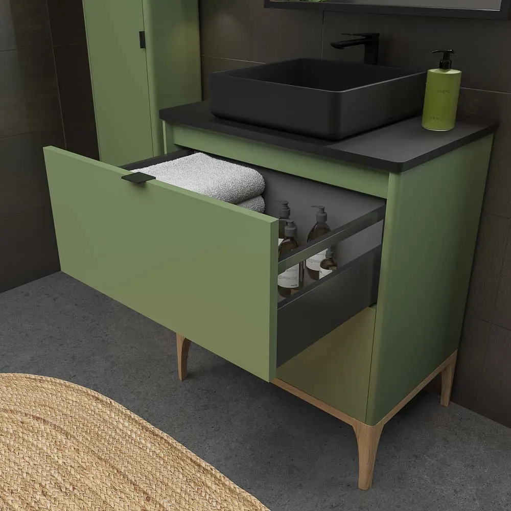 VICENT meuble de salle de bain sur pieds 2 tiroirs plan en Solid Surface avec vasque SATET – Image 6