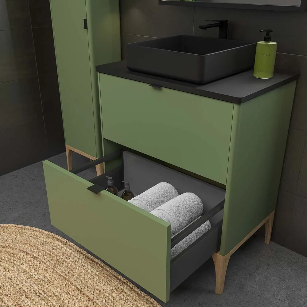 VICENT meuble de salle de bain sur pieds 2 tiroirs plan en Solid Surface avec vasque SATET – Image 5