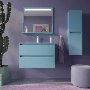 Meuble de salle de bain suspendu 2 tiroirs CLAIRE avec vasque en Solid Surface BLEU PASTEL