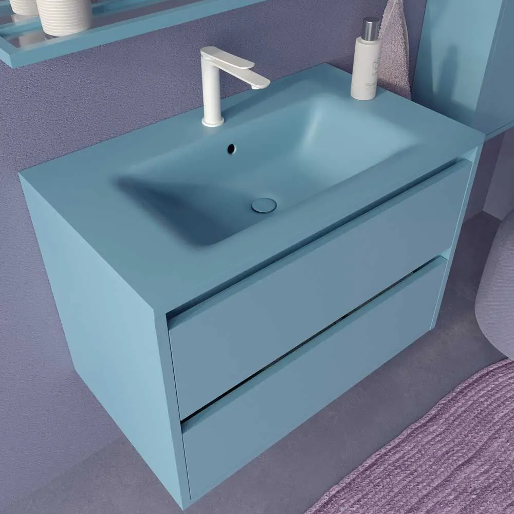 Meuble de salle de bain suspendu 2 tiroirs CLAIRE avec vasque en Solid Surface BLEU PASTEL – Image 4