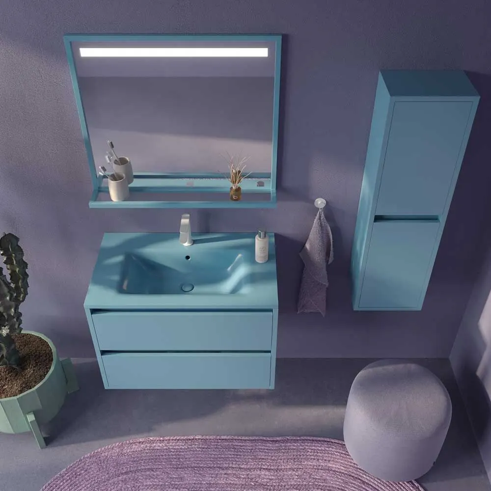 Meuble de salle de bain suspendu 2 tiroirs CLAIRE avec vasque en Solid Surface BLEU PASTEL – Image 3