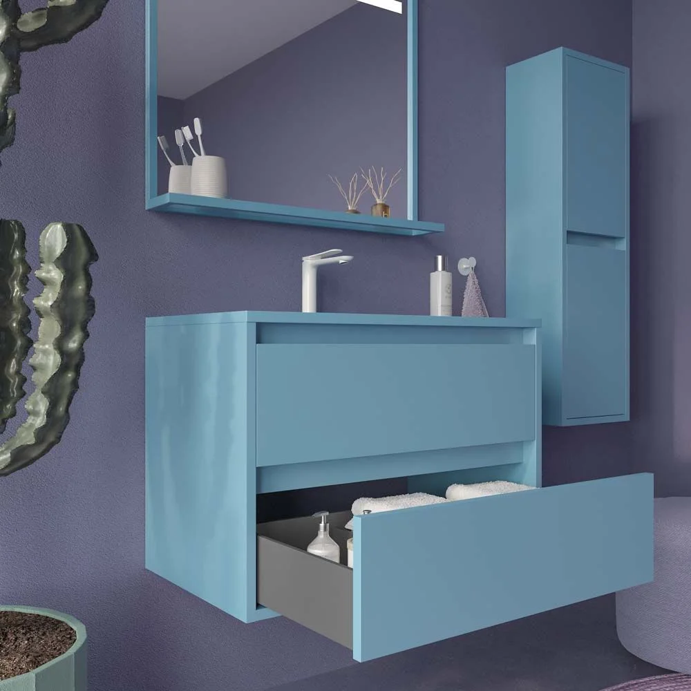 Meuble de salle de bain suspendu 2 tiroirs CLAIRE avec vasque en Solid Surface BLEU PASTEL – Image 2
