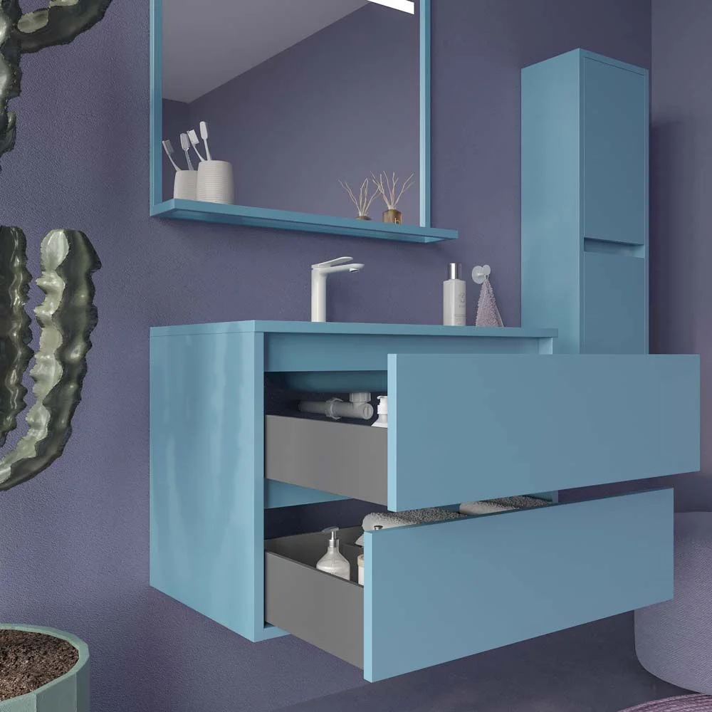 Meuble de salle de bain suspendu 2 tiroirs CLAIRE avec vasque en Solid Surface BLEU PASTEL – Image 6