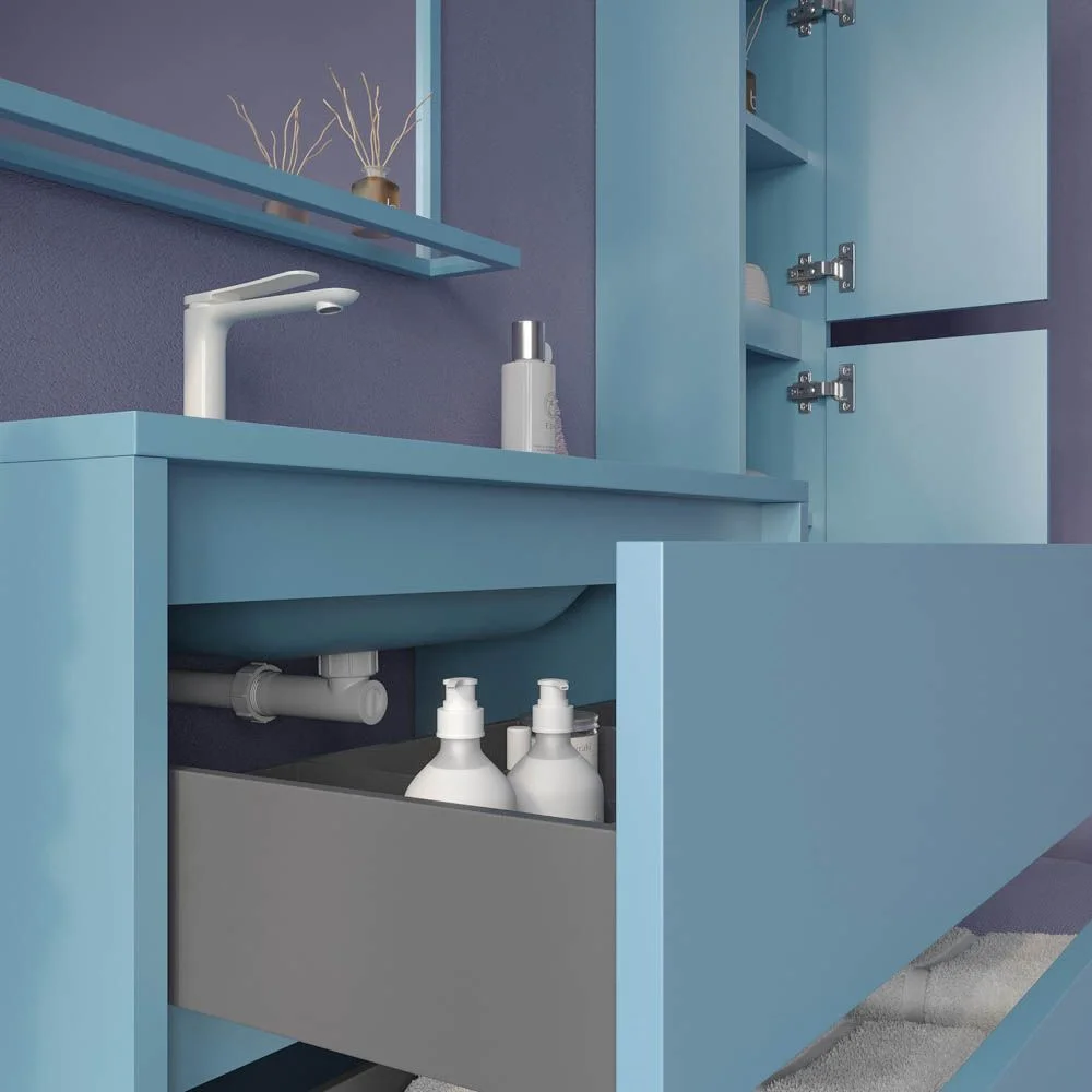 Meuble de salle de bain suspendu 2 tiroirs CLAIRE avec vasque en Solid Surface BLEU PASTEL – Image 5