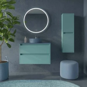Meuble de salle de bain suspendu 2 tiroirs CLAIRE avec vasque en Solid Surface PASTEL TURQUOISE