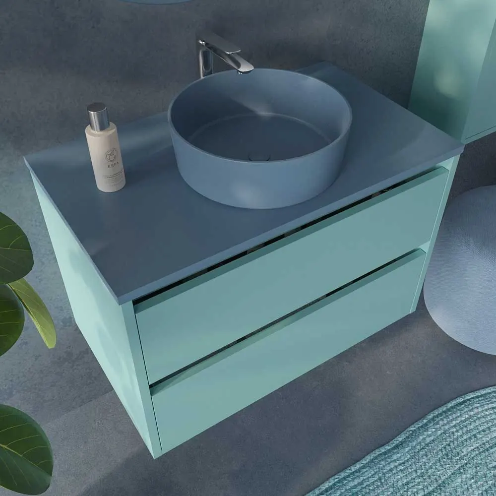 Meuble de salle de bain suspendu 2 tiroirs CLAIRE avec vasque en Solid Surface PASTEL TURQUOISE – Image 4
