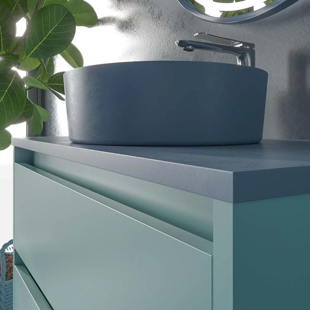 Meuble de salle de bain suspendu 2 tiroirs CLAIRE avec vasque en Solid Surface PASTEL TURQUOISE – Image 2