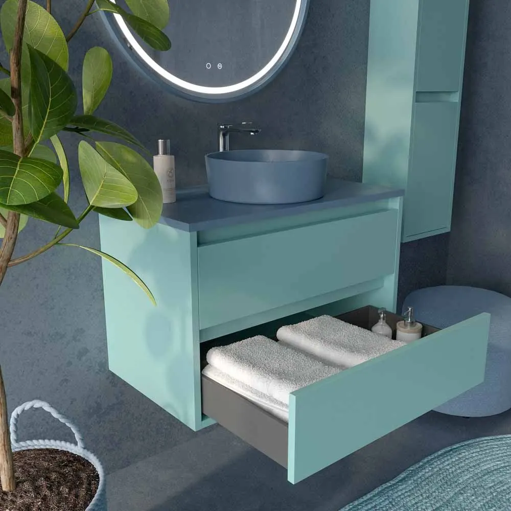 Meuble de salle de bain suspendu 2 tiroirs CLAIRE avec vasque en Solid Surface PASTEL TURQUOISE – Image 6