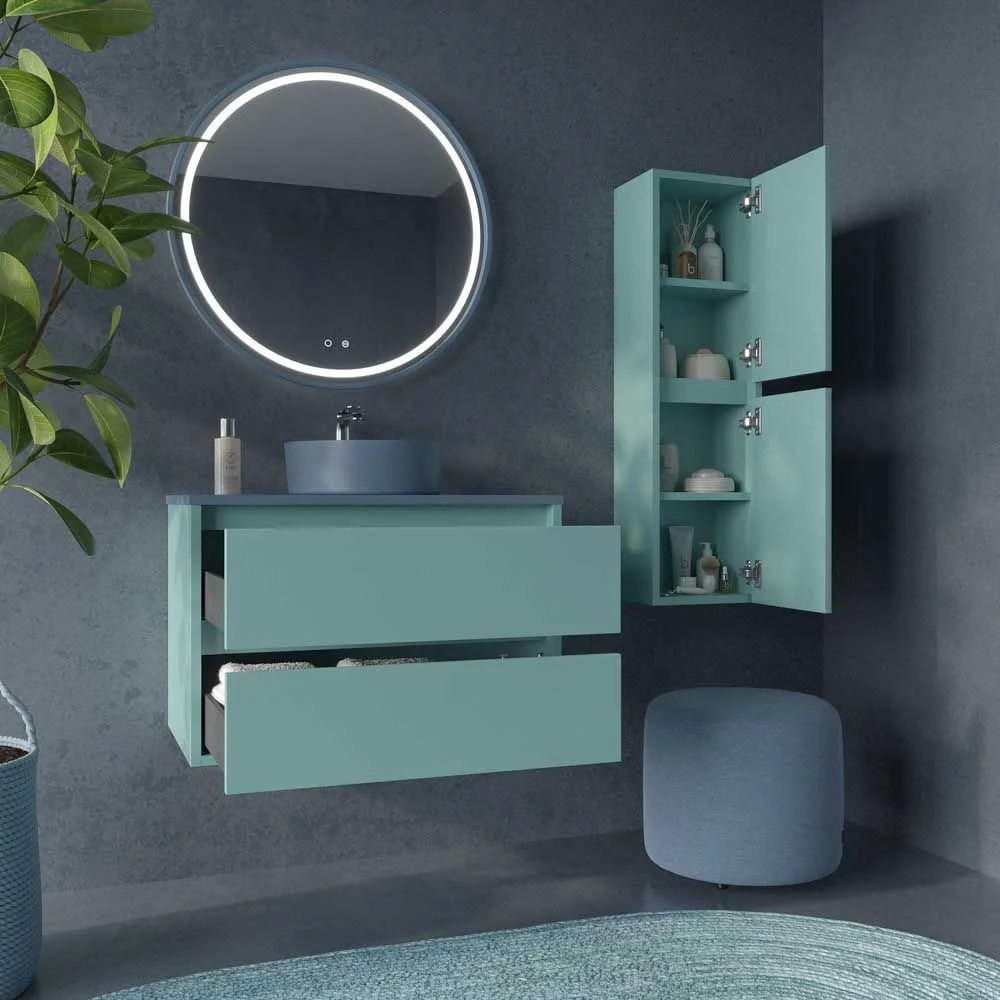 Meuble de salle de bain suspendu 2 tiroirs CLAIRE avec vasque en Solid Surface PASTEL TURQUOISE – Image 7