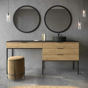 Meuble de salle de bain ELLA sur pieds 3 tiroirs avec meuble sous-vasque CHÊNE CLAIR avec plan SOLID SURFACE vasque OSIRIS