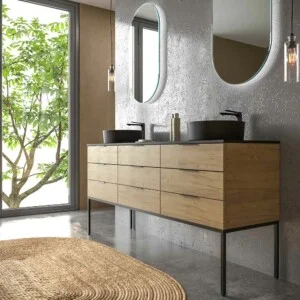 Meuble de salle de bain ELLA sur pieds 9 tiroirs avec couvercle SOLID SURFACE 2 vasques CHÊNE CLAIR