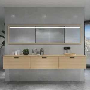 Meuble de salle de bain suspendu HOLE avec 3 tiroirs, finition CREAM, avec plan SOLID SURFACE, vasque semi-encastrée Osiris