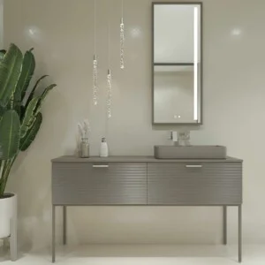 Meuble de salle de bain HOLE avec pieds et 2 tiroirs en finition GRIS CIMENT avec plan et lavabo SOLID SURFACE Fogo