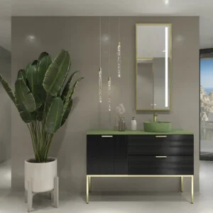 Meuble de salle de bain HOLE sur pieds 2 tiroirs/1 porte finition NOIR avec plan Osiris Solid Surface VERT et lavabo RESEDA