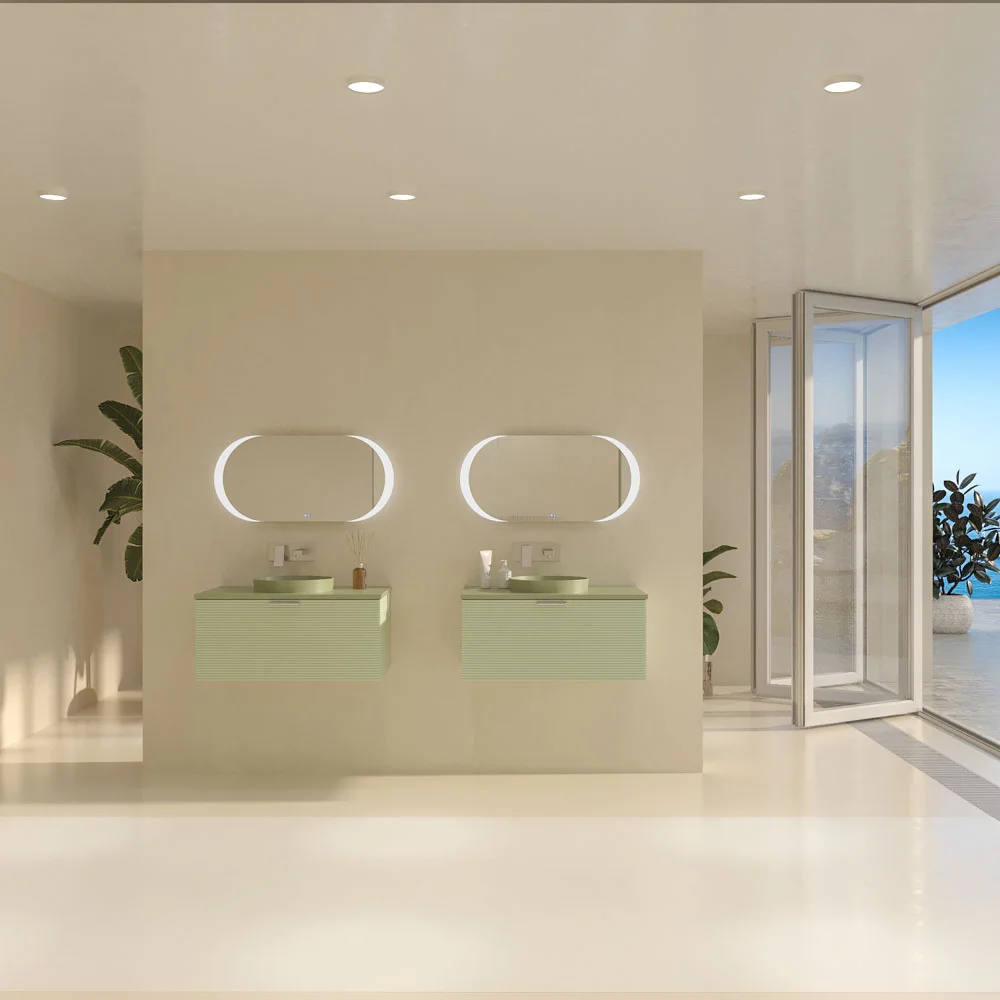 Meuble de salle de bain suspendu HOLE 1 tiroir finition VERDE OPALO avec vasque semi-encastrée à poser SOLID SURFACE VERDE PALIDO – Image 4