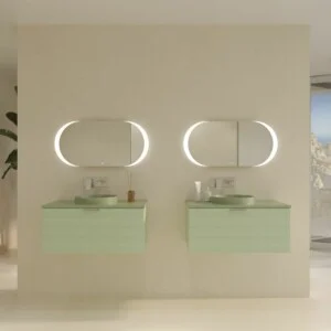 Meuble de salle de bain suspendu HOLE 1 tiroir finition VERDE OPALO avec vasque semi-encastrée à poser SOLID SURFACE VERDE PALIDO