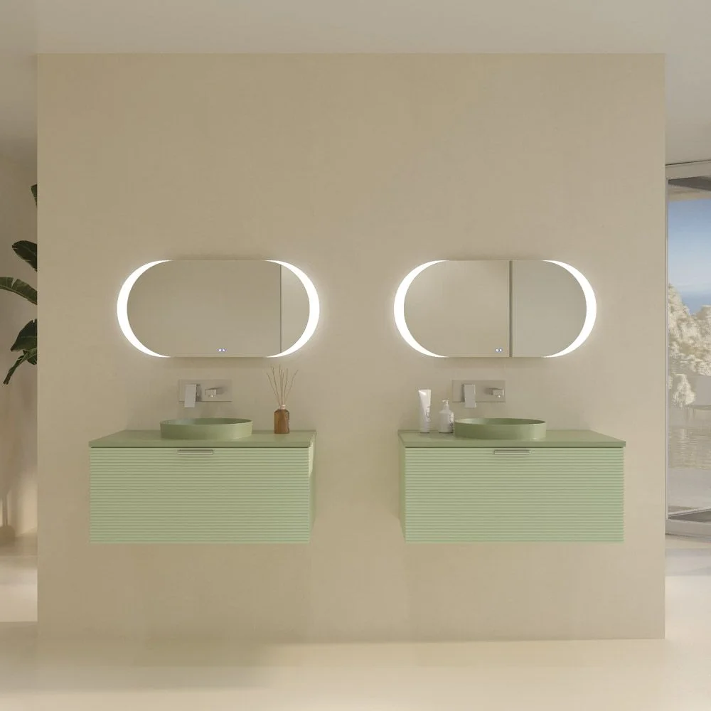 Meuble de salle de bain suspendu HOLE 1 tiroir finition VERDE OPALO avec vasque semi-encastrée à poser SOLID SURFACE VERDE PALIDO