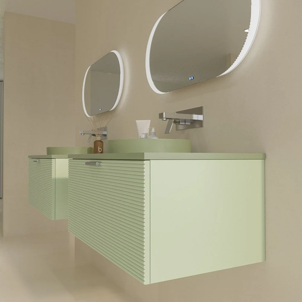 Meuble de salle de bain suspendu HOLE 1 tiroir finition VERDE OPALO avec vasque semi-encastrée à poser SOLID SURFACE VERDE PALIDO – Image 5