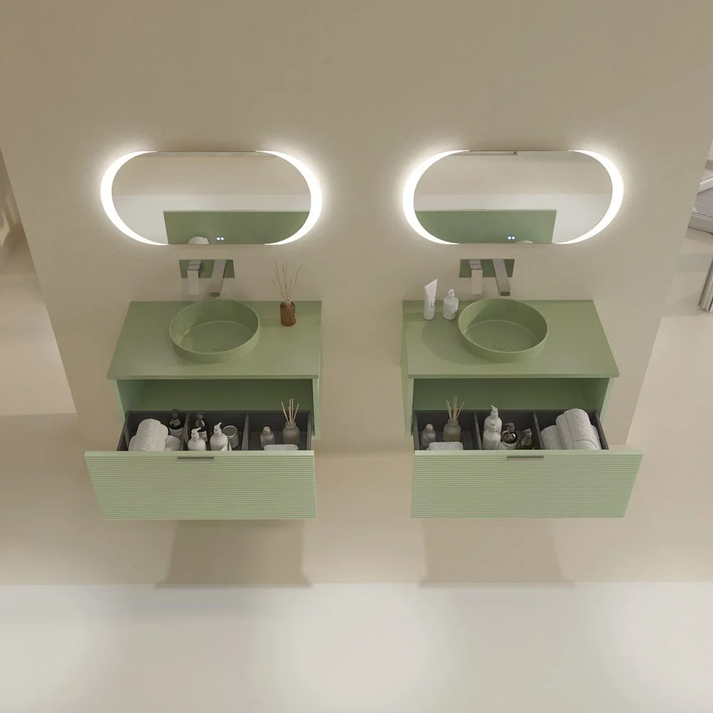 Meuble de salle de bain suspendu HOLE 1 tiroir finition VERDE OPALO avec vasque semi-encastrée à poser SOLID SURFACE VERDE PALIDO – Image 6