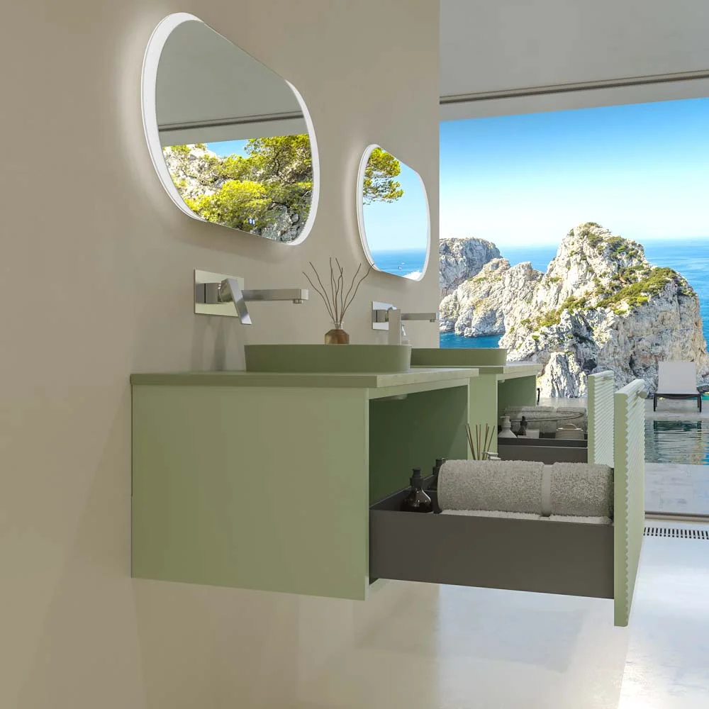 Meuble de salle de bain suspendu HOLE 1 tiroir finition VERDE OPALO avec vasque semi-encastrée à poser SOLID SURFACE VERDE PALIDO – Image 7