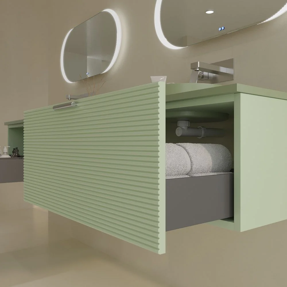 Meuble de salle de bain suspendu HOLE 1 tiroir finition VERDE OPALO avec vasque semi-encastrée à poser SOLID SURFACE VERDE PALIDO – Image 8