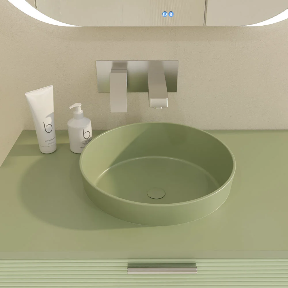Meuble de salle de bain suspendu HOLE 1 tiroir finition VERDE OPALO avec vasque semi-encastrée à poser SOLID SURFACE VERDE PALIDO – Image 10