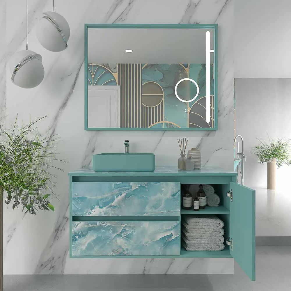 Meuble de salle de bain suspendu 2 tiroirs/ 1 porte UNICO effet marbre avec vasque SATET en Solid Surface – Image 5