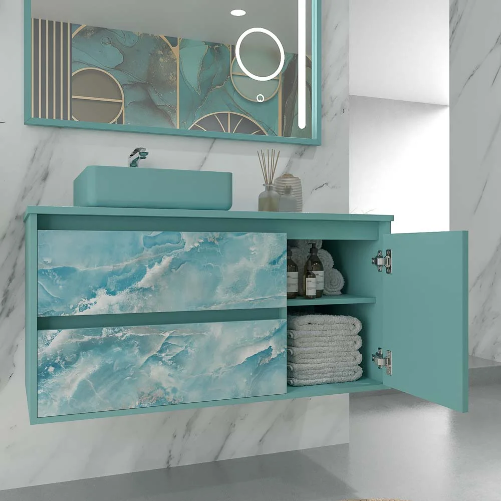 Meuble de salle de bain suspendu 2 tiroirs/ 1 porte UNICO effet marbre avec vasque SATET en Solid Surface – Image 4