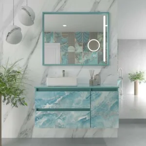 Meuble de salle de bain suspendu 2 tiroirs/ 1 porte UNICO effet marbre avec vasque SATET en Solid Surface