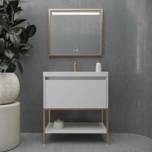 Meuble de salle de bain ELEN sur pieds 1 tiroir – 1 étagère inférieure GRIS PERLE / CUIVRE