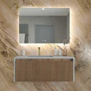 Meuble de salle de bain suspendu BINARIO avec 2 tiroirs finition CHÊNE FRANÇAIS / SABLE