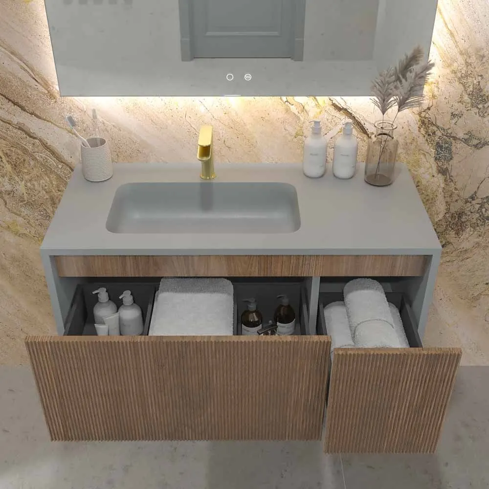 Meuble de salle de bain suspendu BINARIO avec 2 tiroirs finition CHÊNE FRANÇAIS / SABLE – Image 4